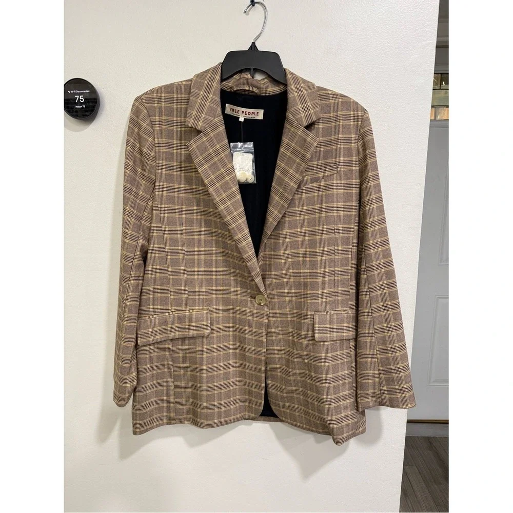 NWT Free People Crosby‎ Plaid Blazer Sz Large In WINTER WHEAT